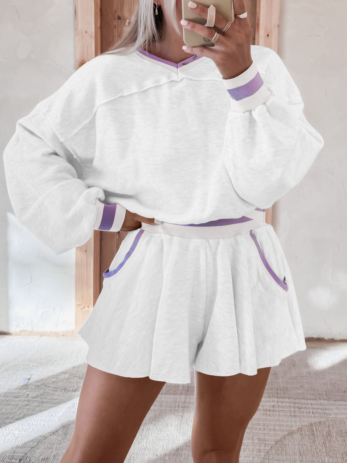 Womens Cropped Sweatshirt Loose Shorts Casual 2 Piece Lounge Sets