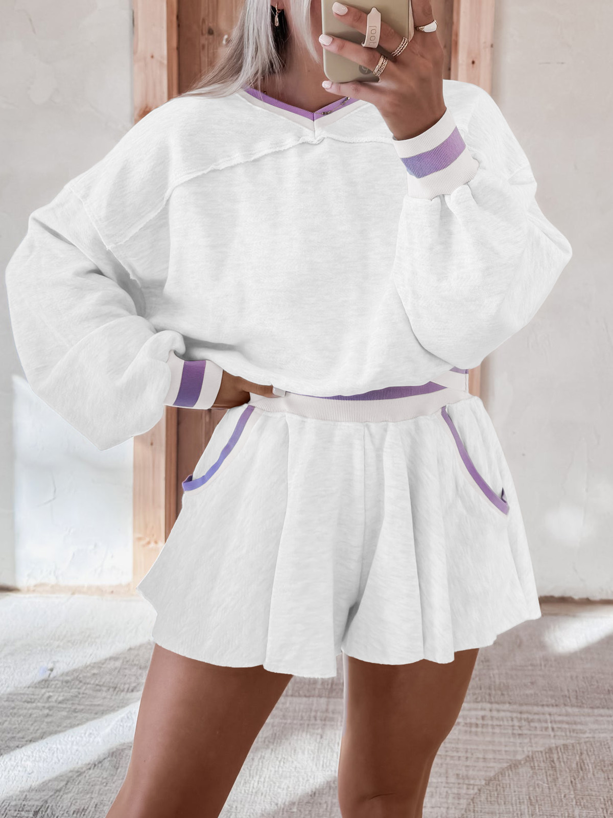 Womens Cropped Sweatshirt Loose Shorts Casual 2 Piece Lounge Sets