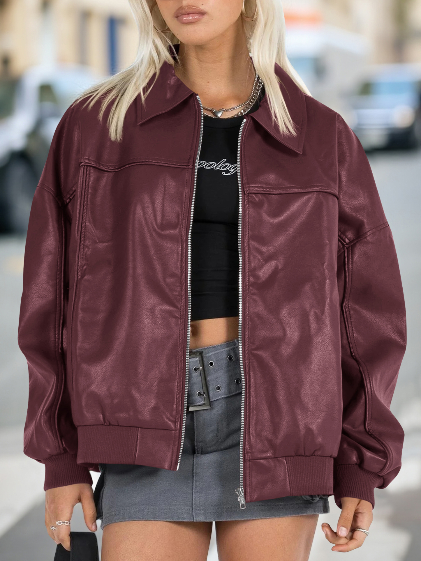 Fisoew Womens Faux Leather Jackets Oversized Bomber Casual Fall Fashion Zip Up Moto Biker Coats