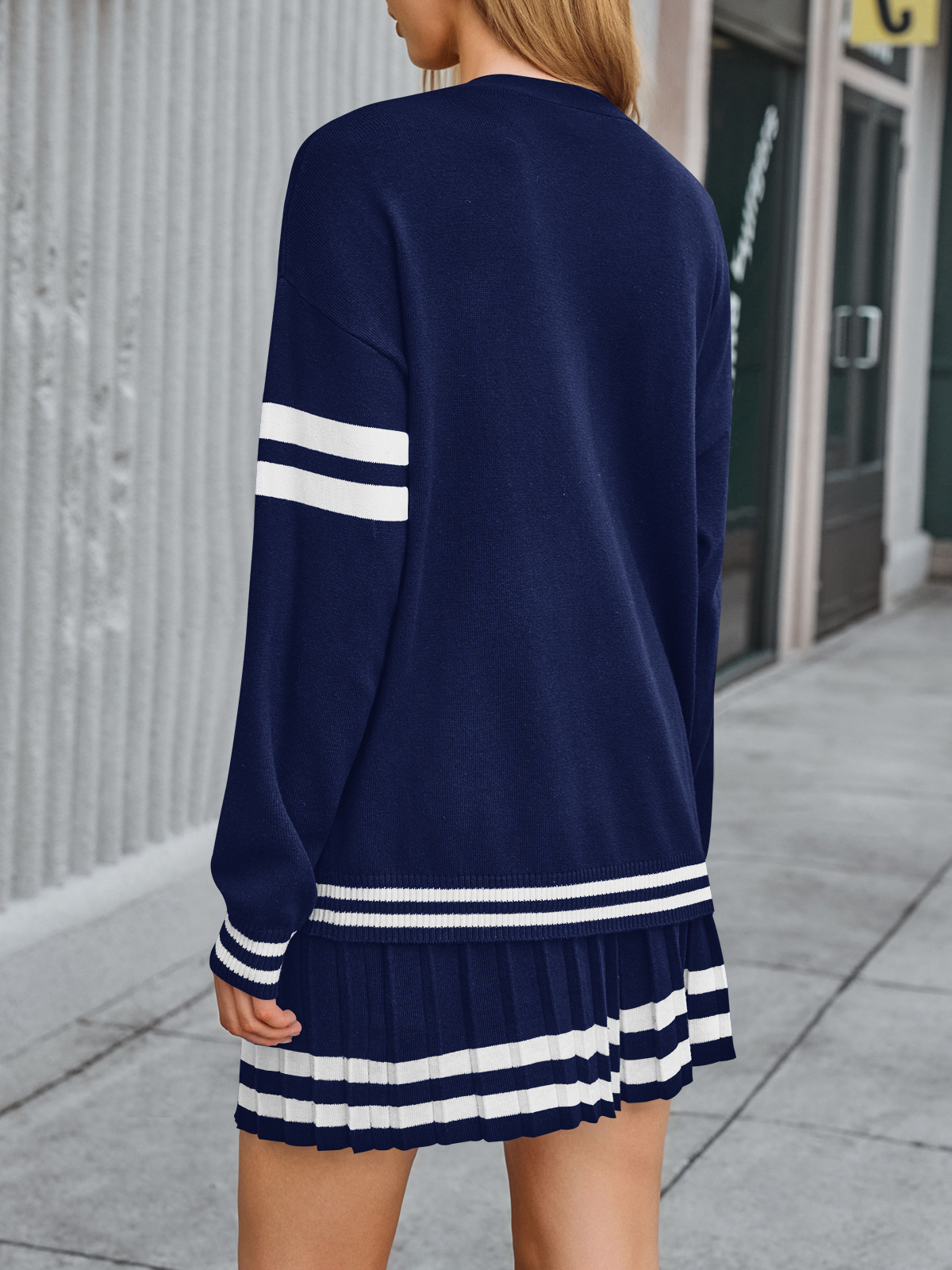 Women Button Down Knit Cardigan Sweaters Pleated Skirt Sets 2 Piece Outfits