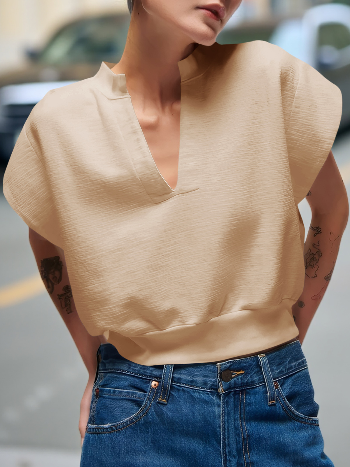 Cap Sleeve V Neck Sweatshirts