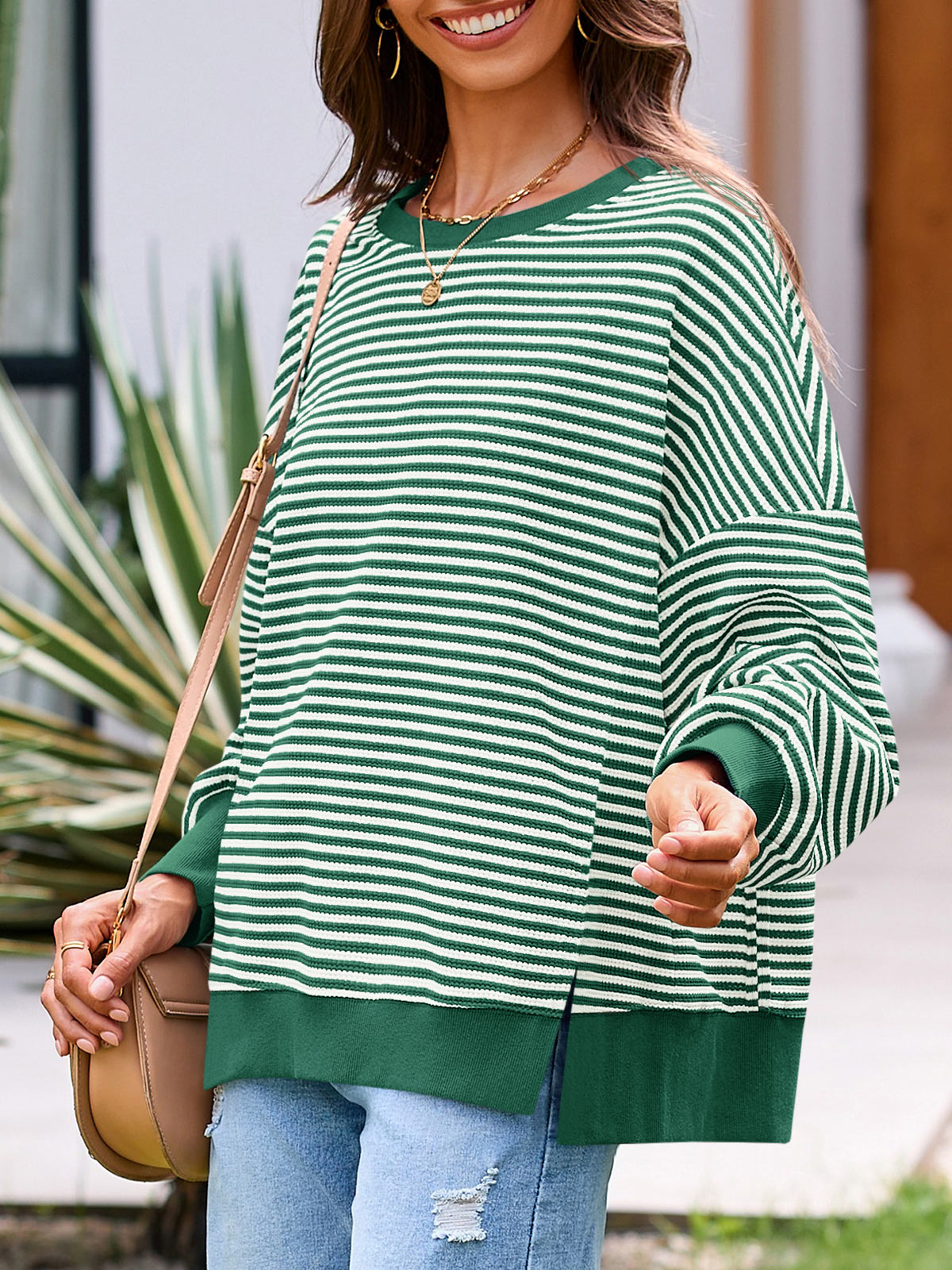 Women's Waffle Knit Long Sleeve Crewneck Oversized Sweatshirt