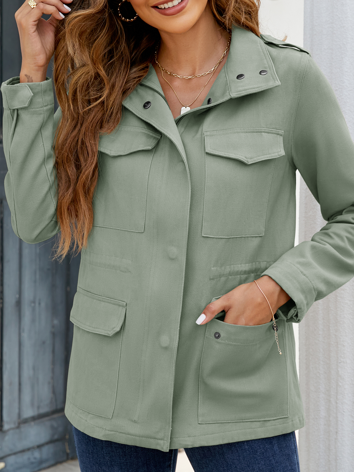 Zip Up Snap Buttons Military Anorak Jackets