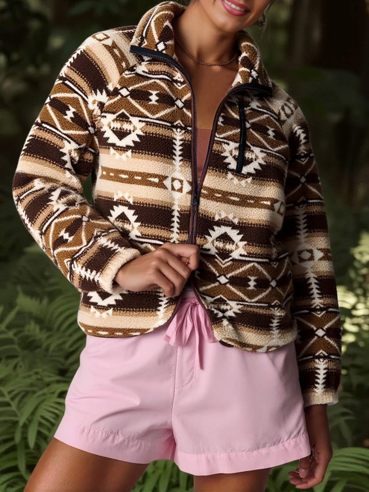 Aztec Print Fleece Zip Up Jackets