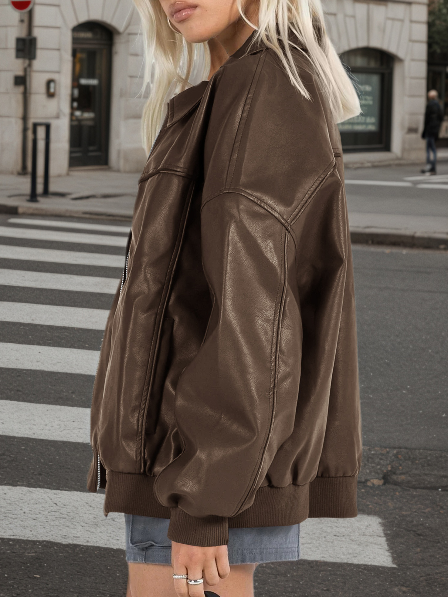 Fisoew Womens Faux Leather Jackets Oversized Bomber Casual Fall Fashion Zip Up Moto Biker Coats