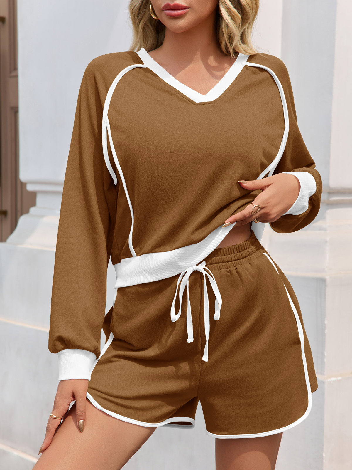 Casual V Neck Contrast Color Workout Shorts Sets Loose Fall 2 Piece Outfits