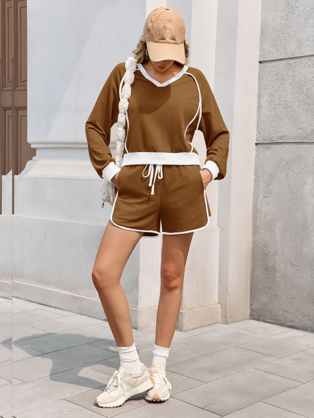 Casual V Neck Contrast Color Workout Shorts Sets Loose Fall 2 Piece Outfits