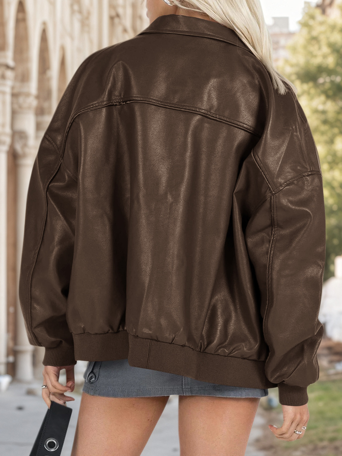 Fisoew Womens Faux Leather Jackets Oversized Bomber Casual Fall Fashion Zip Up Moto Biker Coats