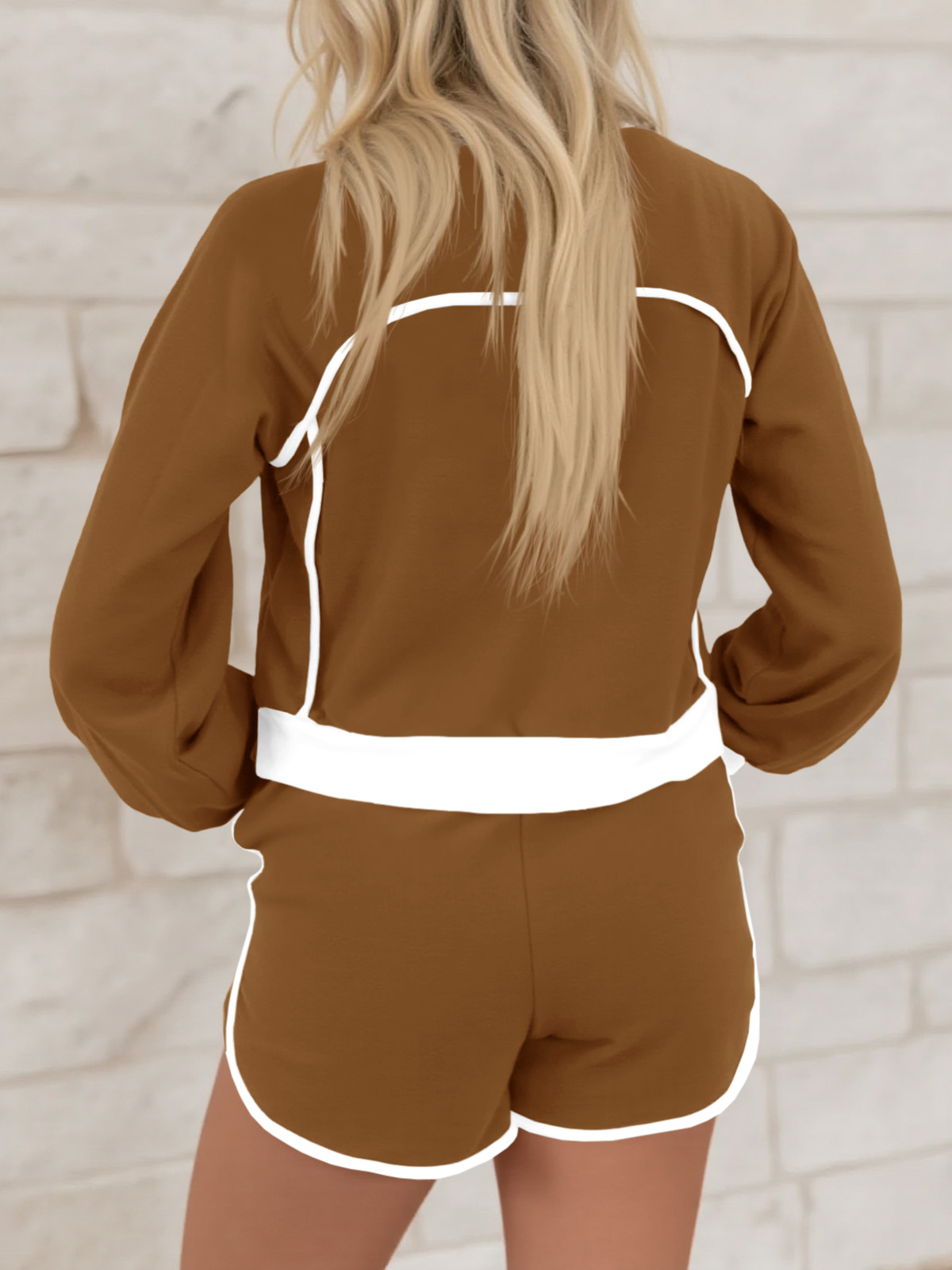 Casual V Neck Contrast Color Workout Shorts Sets Loose Fall 2 Piece Outfits