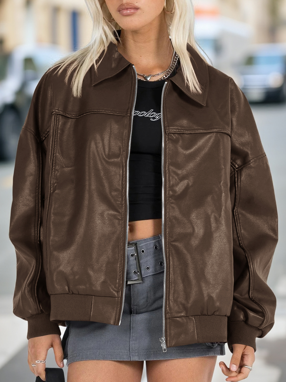 Fisoew Womens Faux Leather Jackets Oversized Bomber Casual Fall Fashion Zip Up Moto Biker Coats