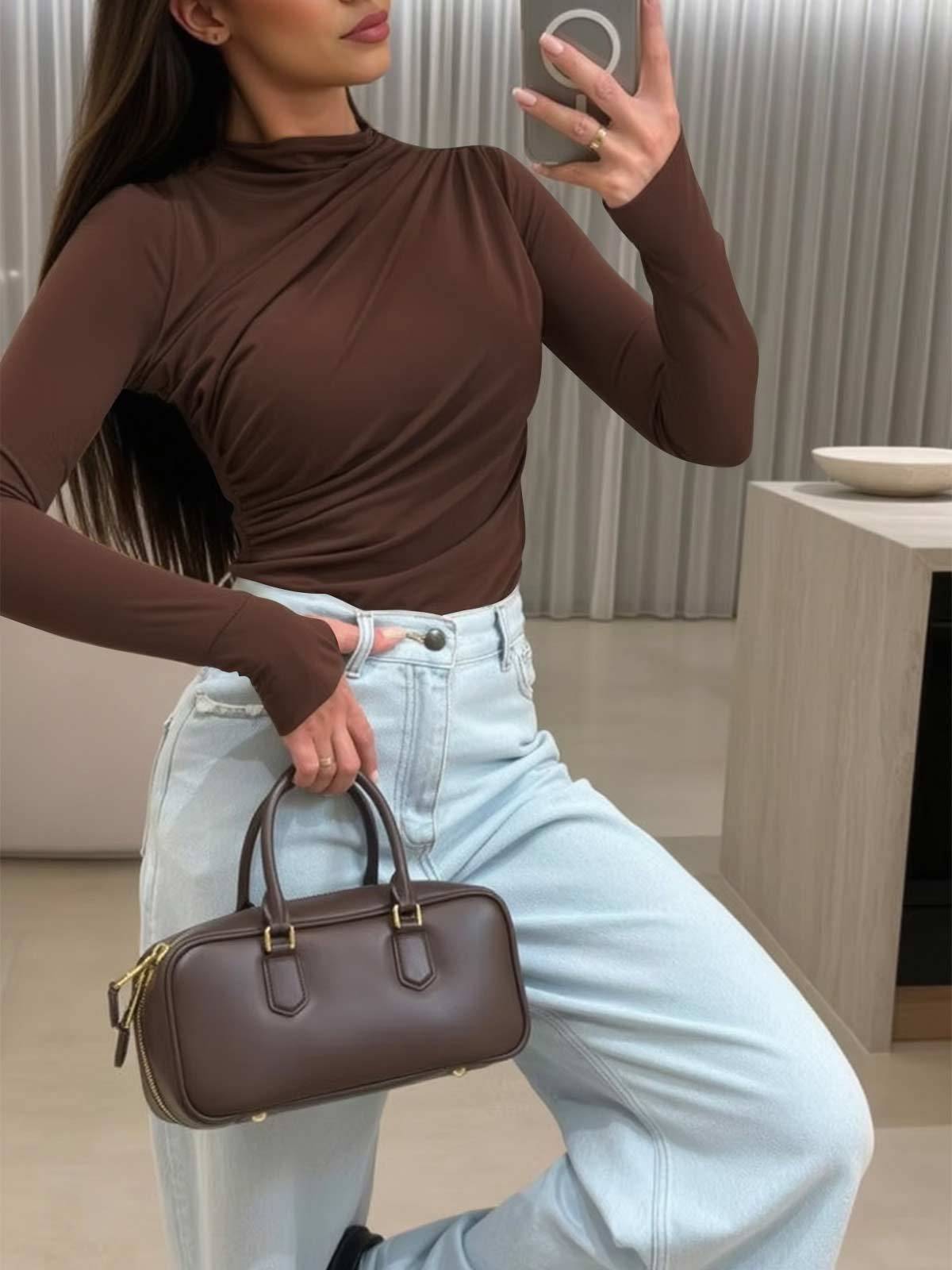 Womens Long Sleeve T Shirts Casual Mock Neck Ruched Slim Fit Y2K Blouse Tops