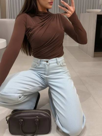 Long Sleeve Ruched Y2K T Shirts