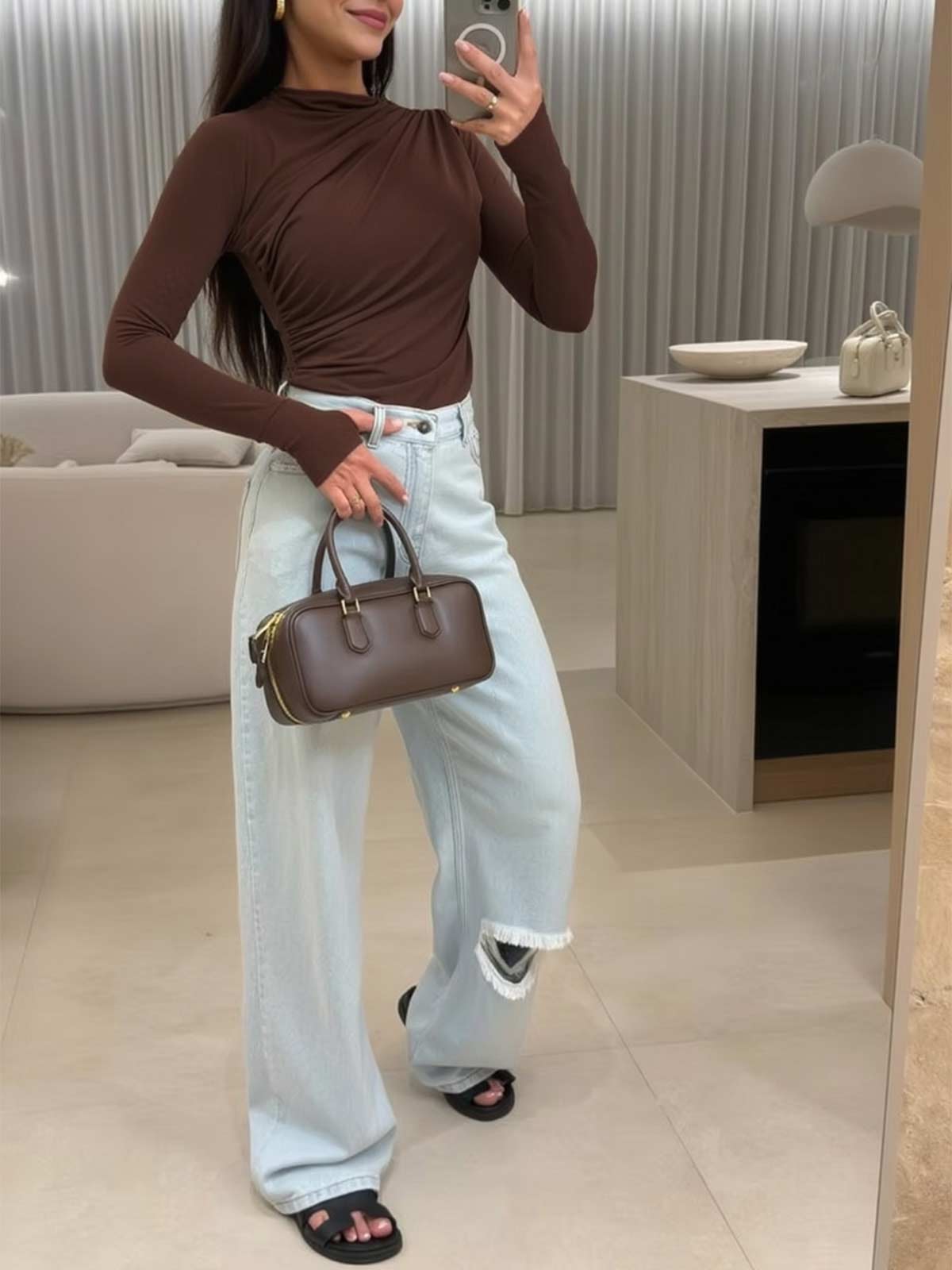 Long Sleeve Ruched Y2K T Shirts