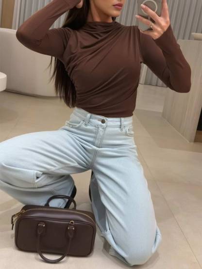 Long Sleeve Ruched Y2K T Shirts