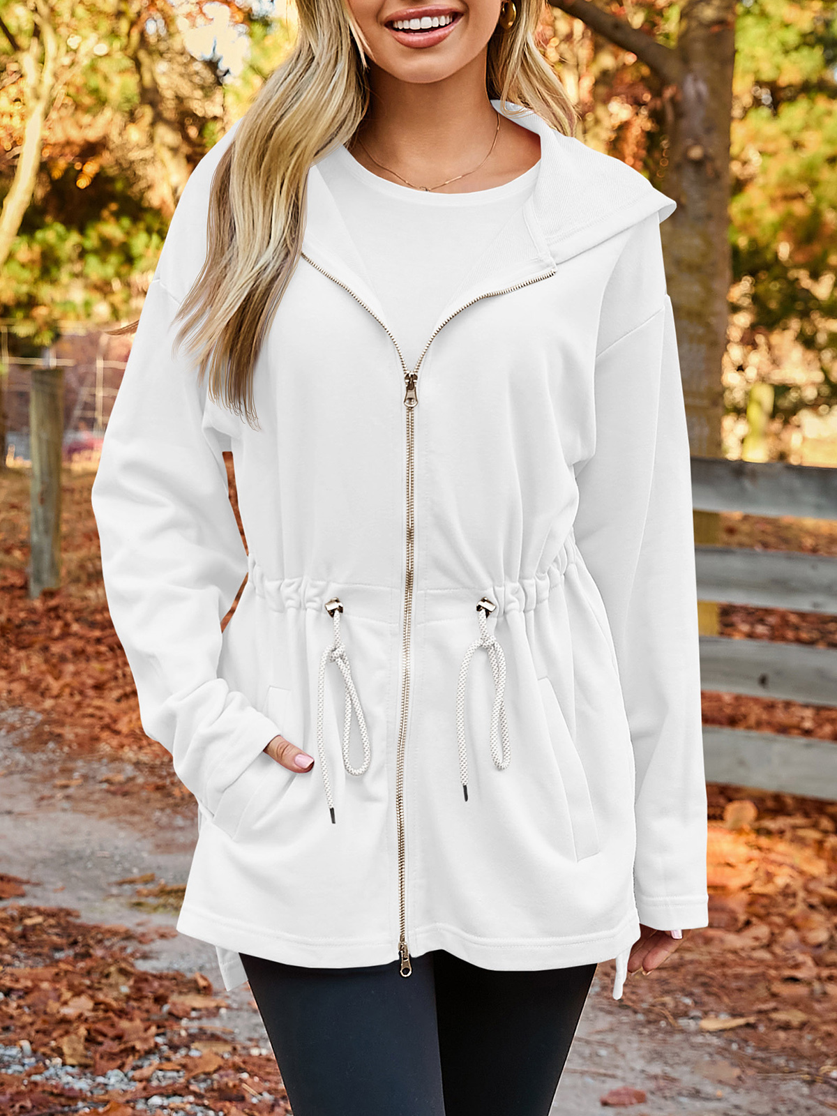 Oversized Zip Up Drawstring Waist Hoodie Sweatshirts