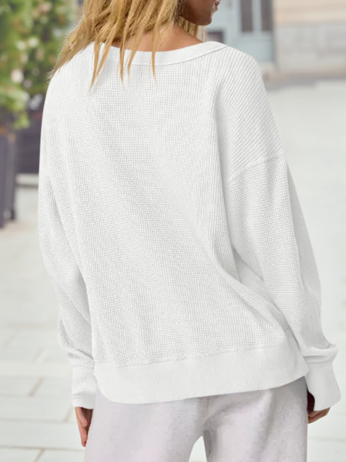Casual Waffle Knit Loose Fit Long Sleeve Sweatshirt