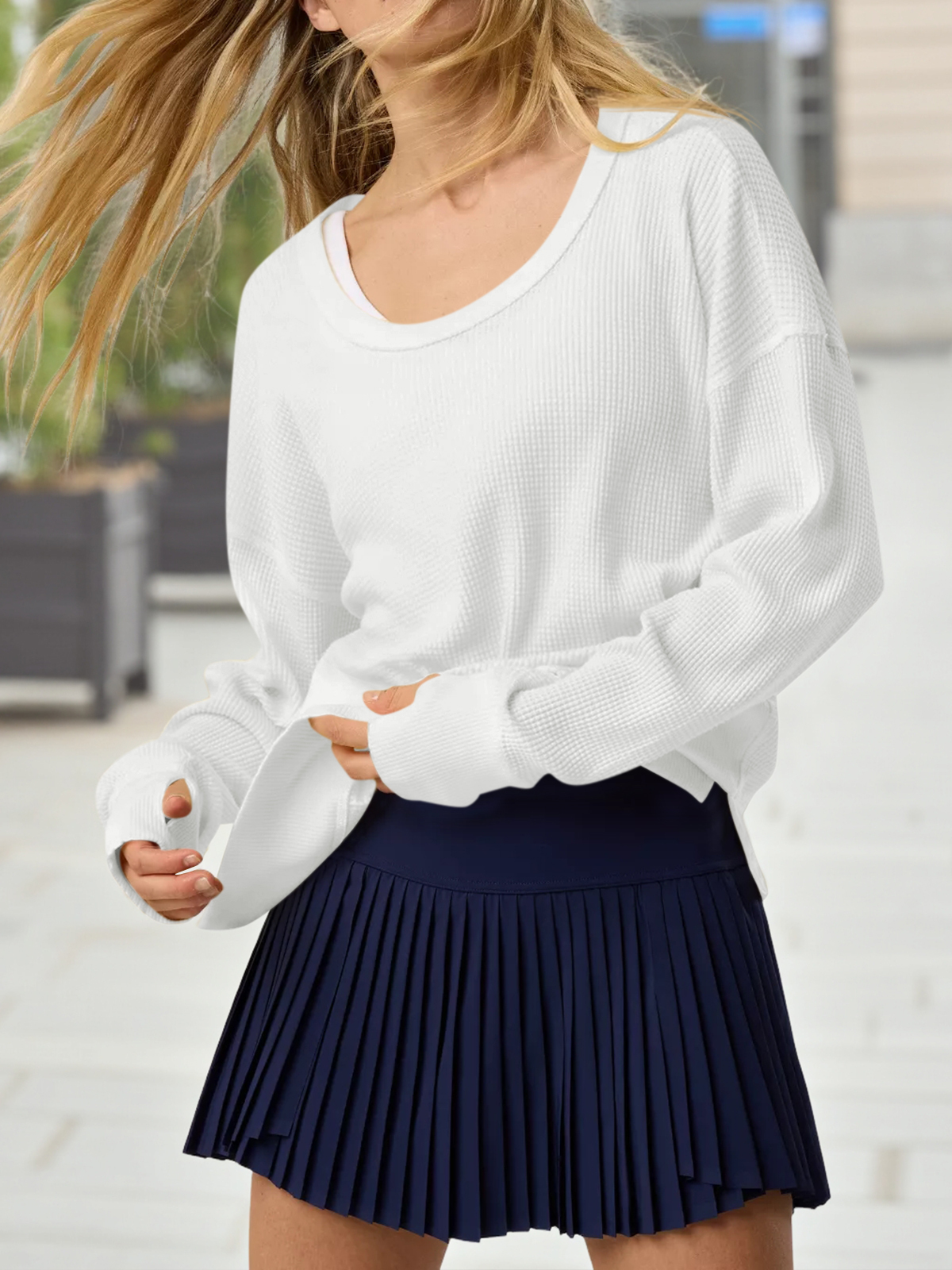 Casual Waffle Knit Loose Fit Long Sleeve Sweatshirt