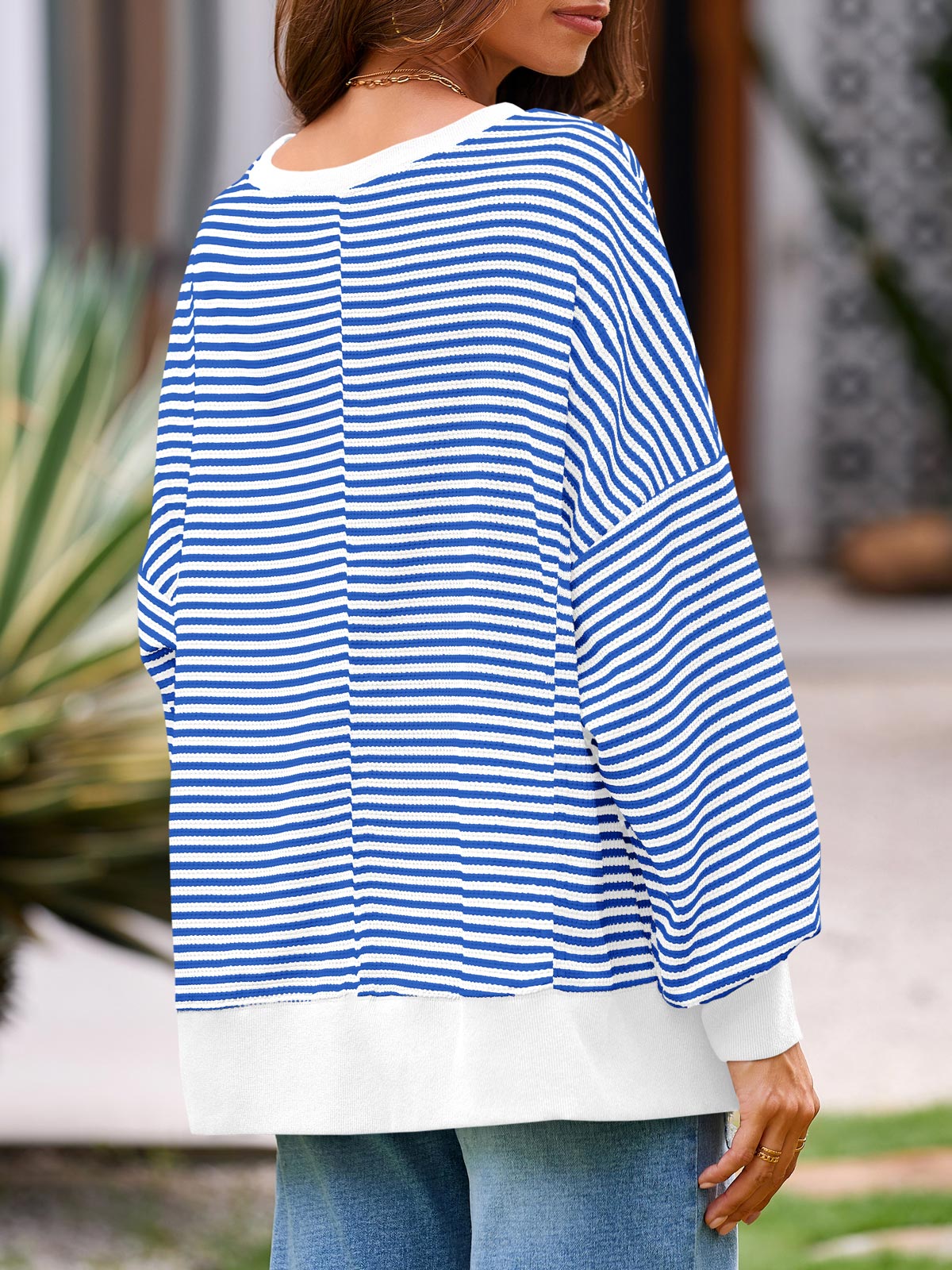 Women's Waffle Knit Long Sleeve Crewneck Oversized Sweatshirt