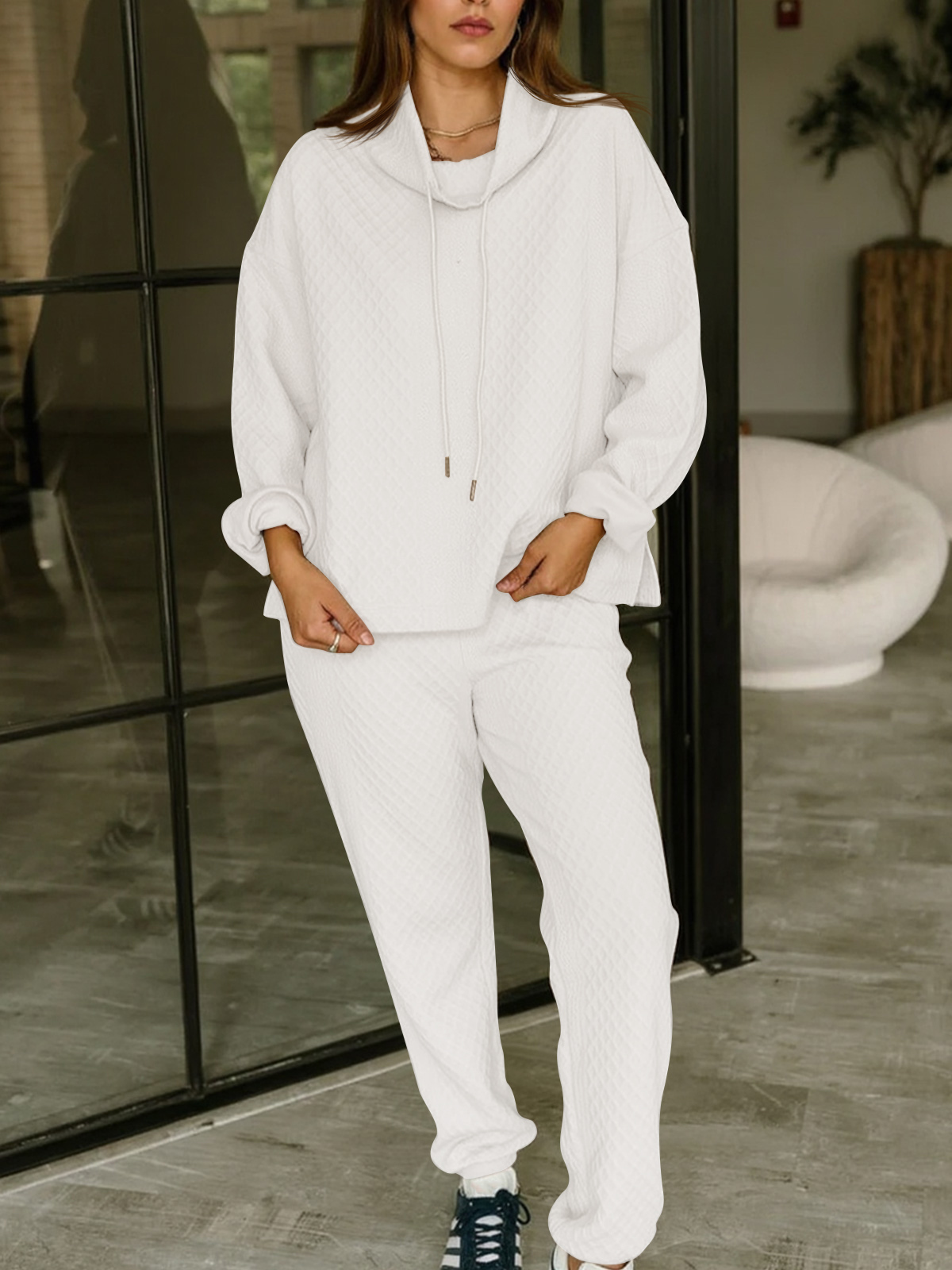 Womens 2 Piece Outfits Textured Turleneck Drawstring Sweatshirts Jogger SweatPants Casual Loose Tracksuits