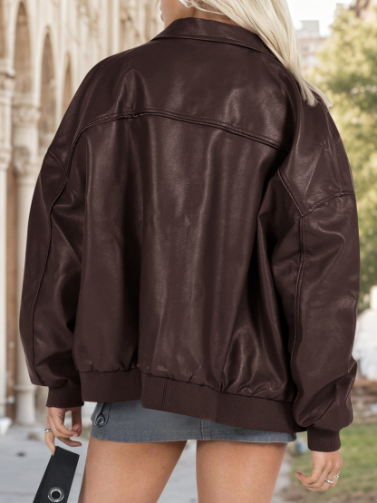 Fisoew Womens Faux Leather Jackets Oversized Bomber Casual Fall Fashion Zip Up Moto Biker Coats