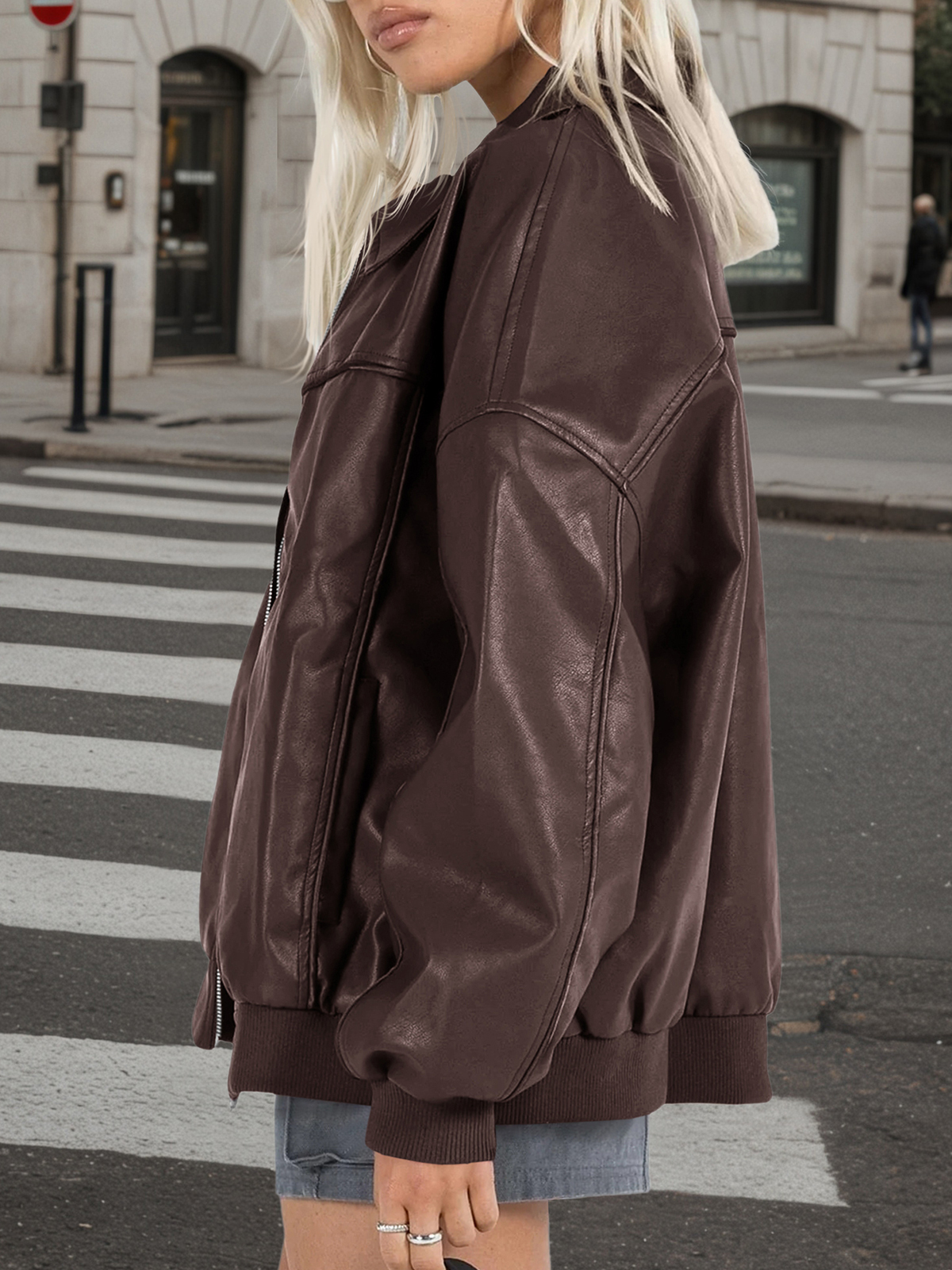 Fisoew Womens Faux Leather Jackets Oversized Bomber Casual Fall Fashion Zip Up Moto Biker Coats