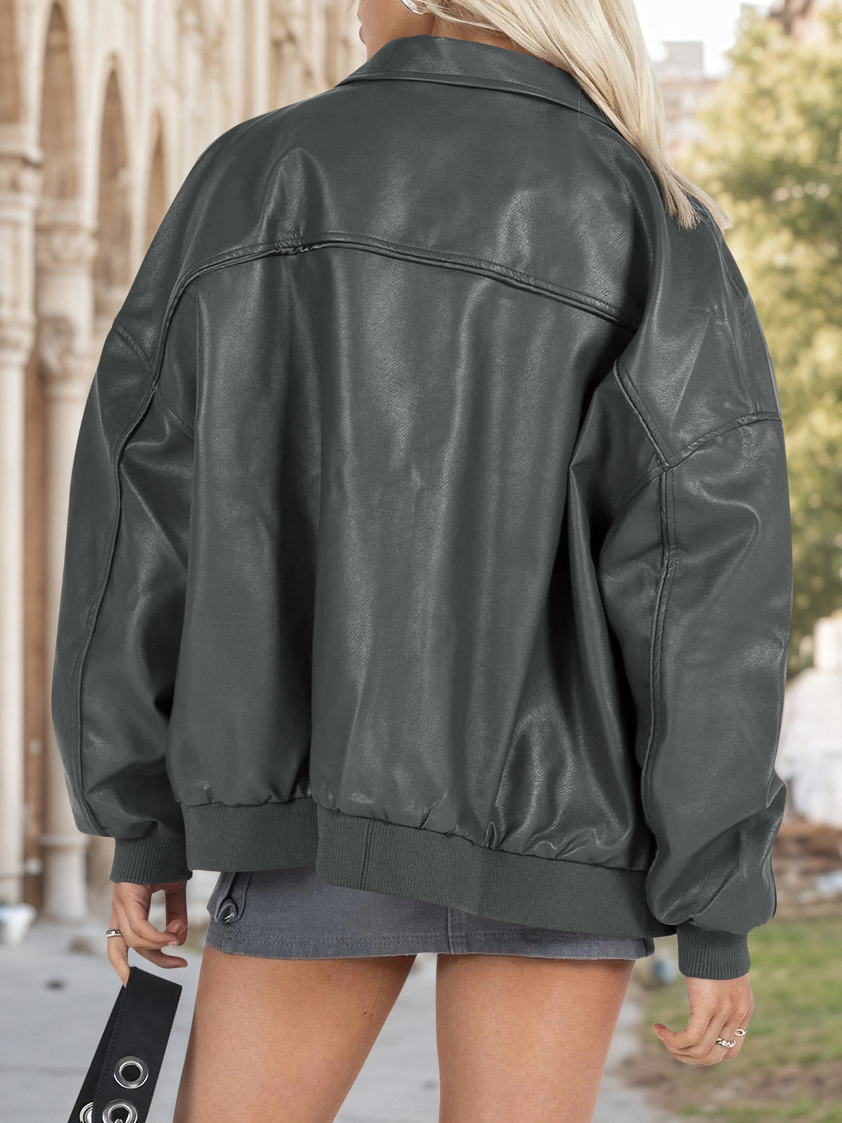 Fisoew Womens Faux Leather Jackets Oversized Bomber Casual Fall Fashion Zip Up Moto Biker Coats