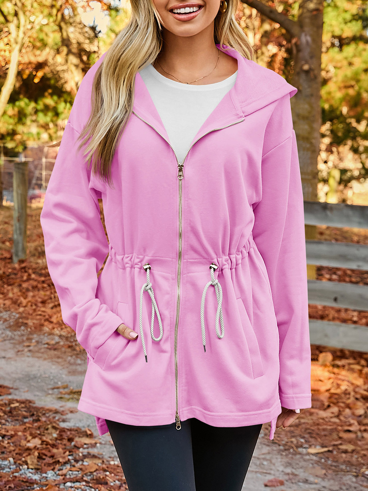Oversized Zip Up Drawstring Waist Hoodie Sweatshirts