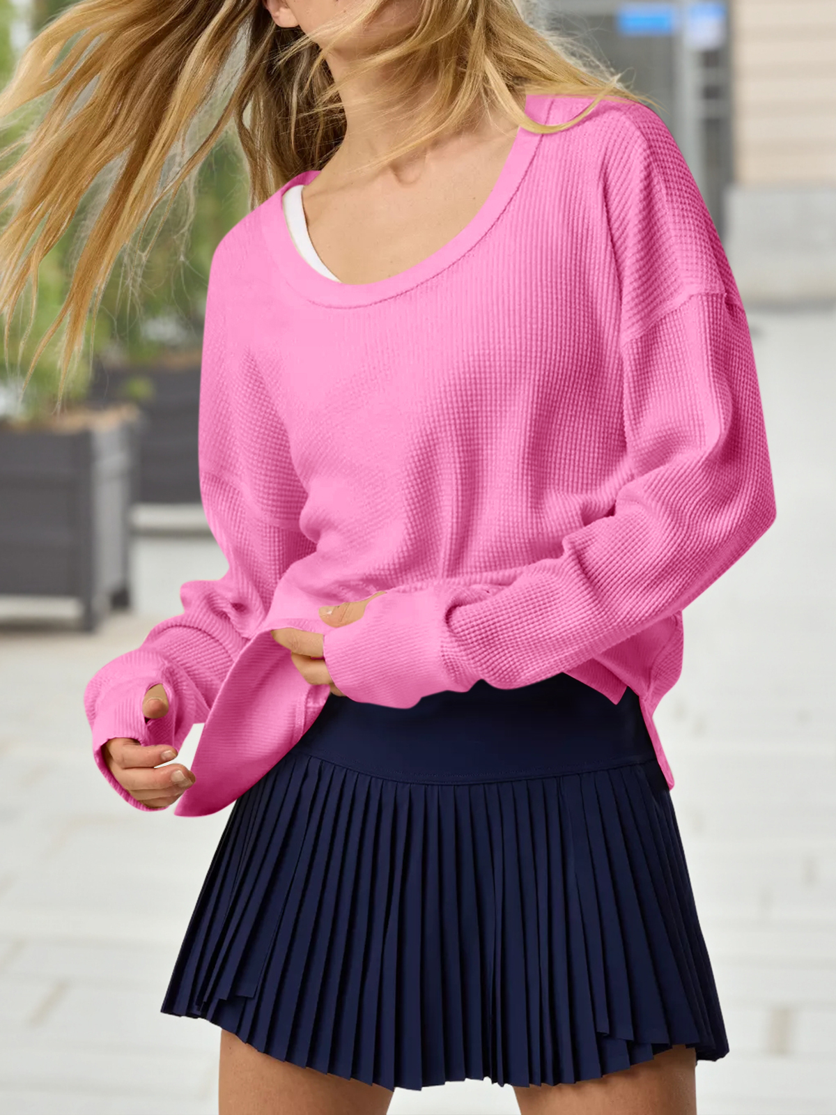 Casual Waffle Knit Loose Fit Long Sleeve Sweatshirt
