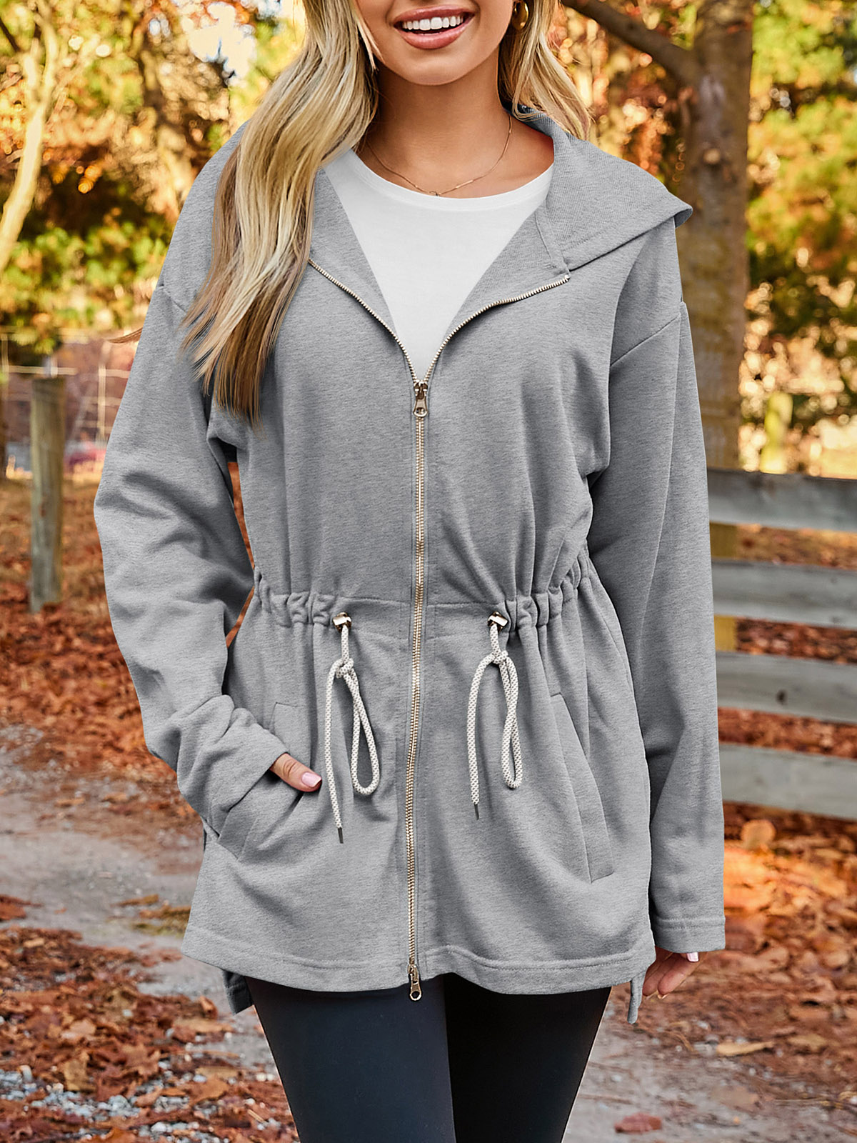Oversized Zip Up Drawstring Waist Hoodie Sweatshirts