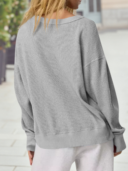 Casual Waffle Knit Loose Fit Long Sleeve Sweatshirt