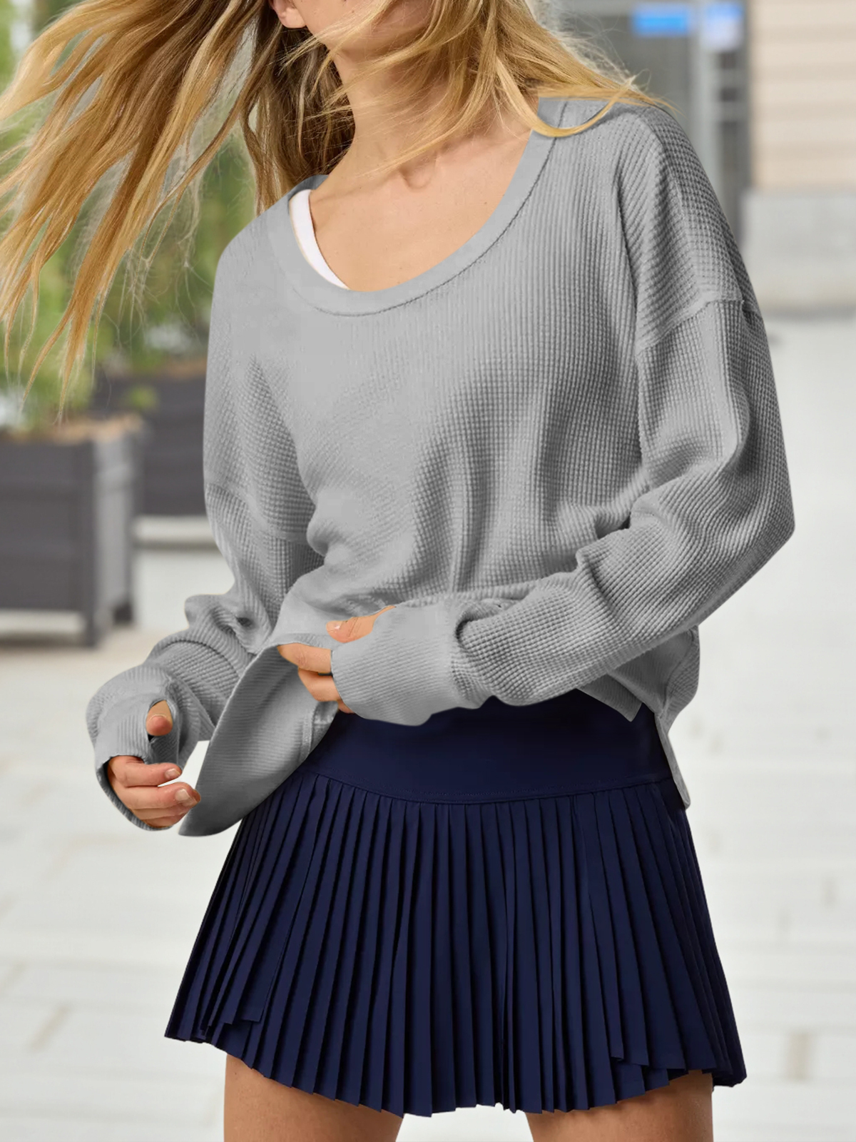 Casual Waffle Knit Loose Fit Long Sleeve Sweatshirt