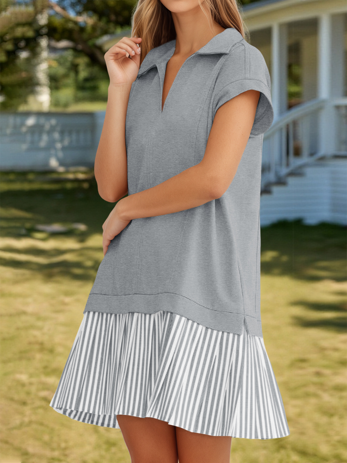 Patchwork Polo V Neck Striped Mini Dresses