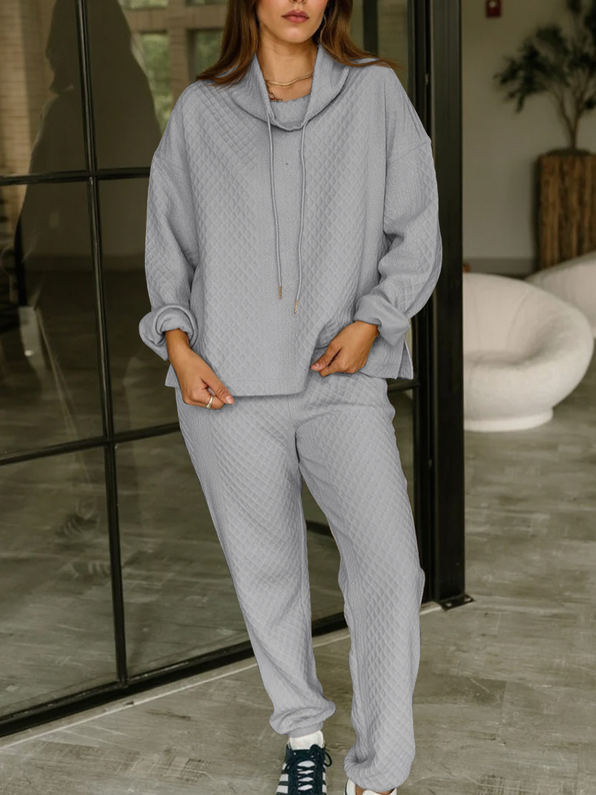 Textured Turtleneck Sweatshirts Jogger Pants Matching Sets
