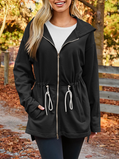 Oversized Zip Up Drawstring Waist Hoodie Sweatshirts
