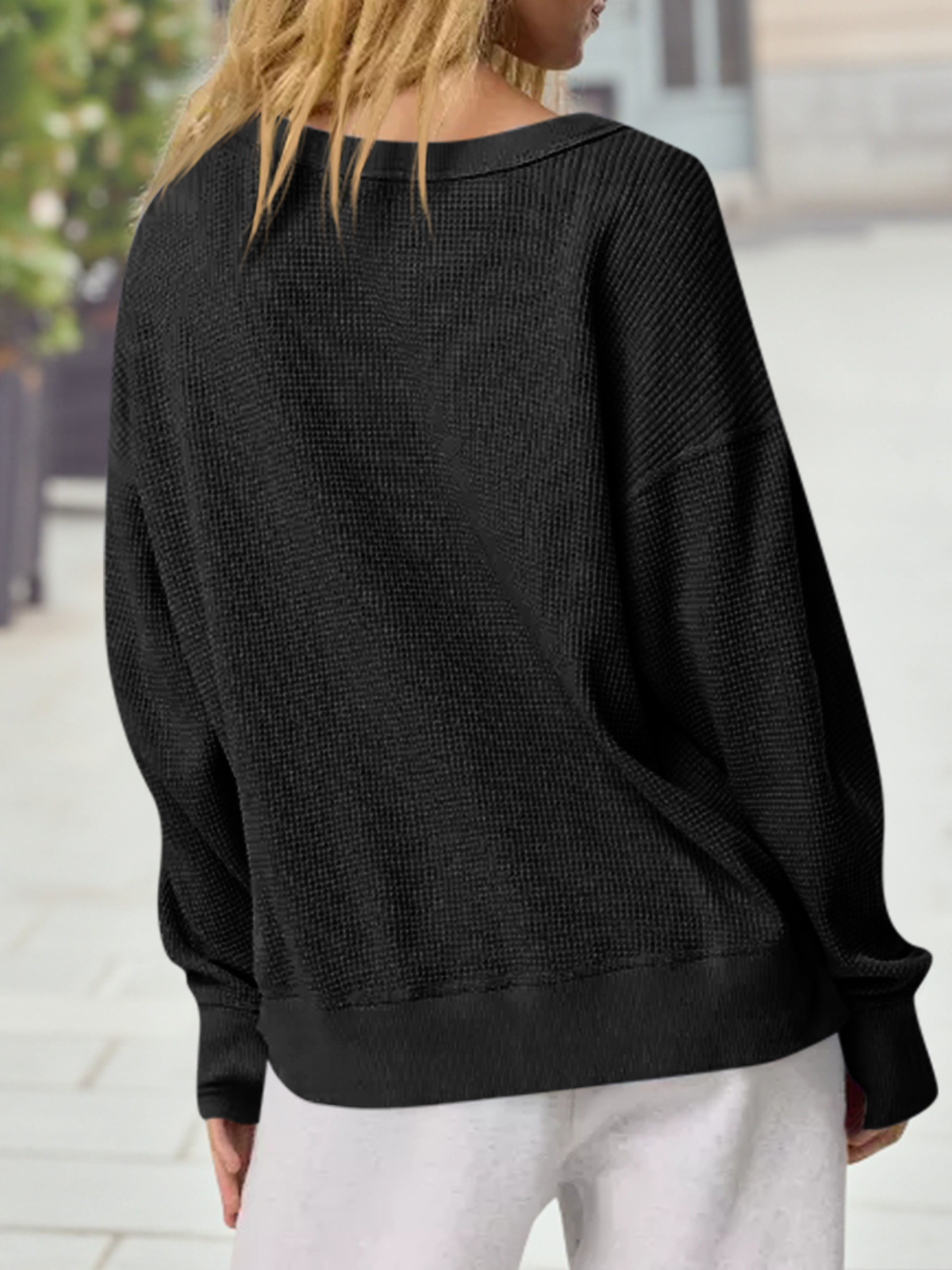 Casual Waffle Knit Loose Fit Long Sleeve Sweatshirt