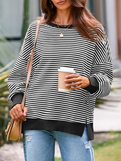 Women's Waffle Knit Long Sleeve Crewneck Oversized Sweatshirt