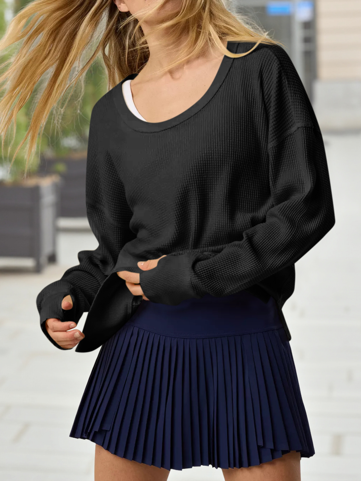 Casual Waffle Knit Loose Fit Long Sleeve Sweatshirt