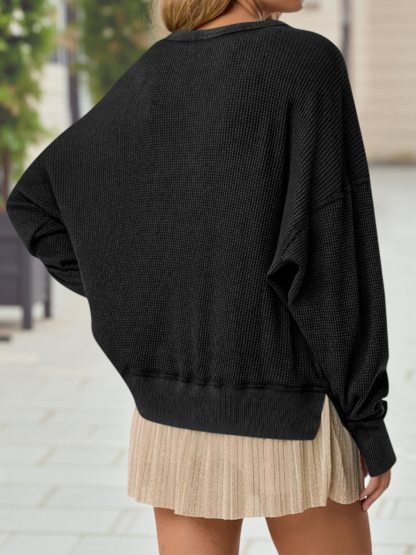 Casual Waffle Knit Loose Fit Long Sleeve Sweatshirt