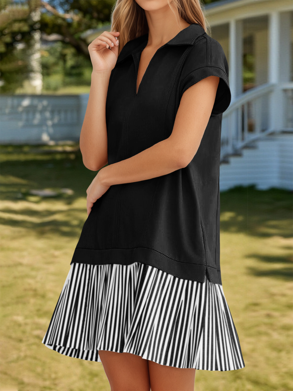 Patchwork Polo V Neck Striped Mini Dresses