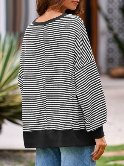 Women's Waffle Knit Long Sleeve Crewneck Oversized Sweatshirt