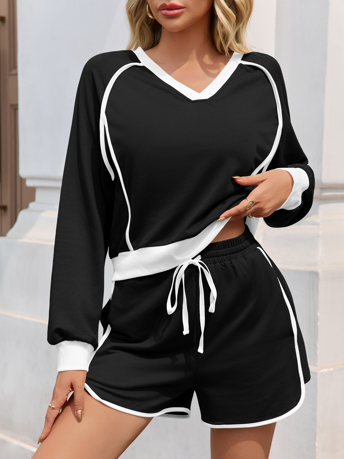 Casual V Neck Contrast Color Workout Shorts Sets Loose Fall 2 Piece Outfits