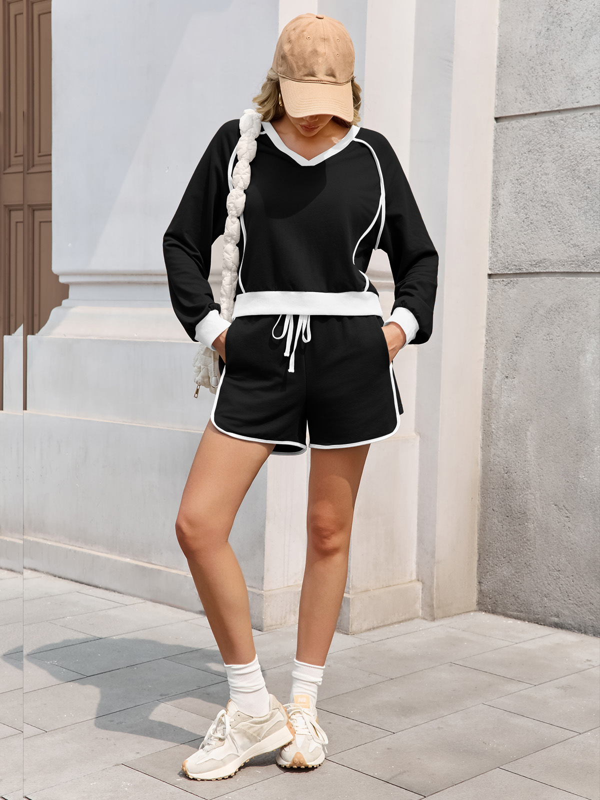 Casual V Neck Contrast Color Workout Shorts Sets Loose Fall 2 Piece Outfits