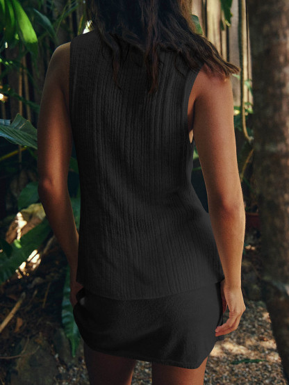 Summer Button Down Vest Tops Knitted 2 Piece Outfits