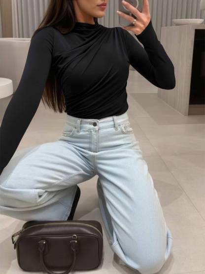 Long Sleeve Ruched Y2K T Shirts