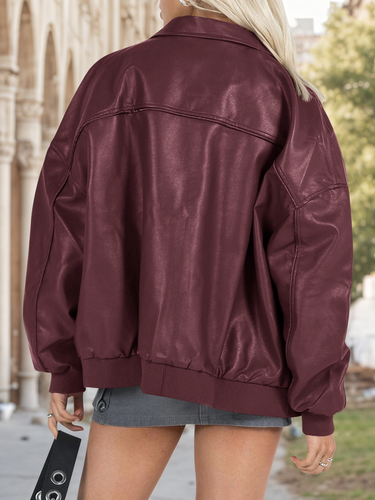 Fisoew Womens Faux Leather Jackets Oversized Bomber Casual Fall Fashion Zip Up Moto Biker Coats