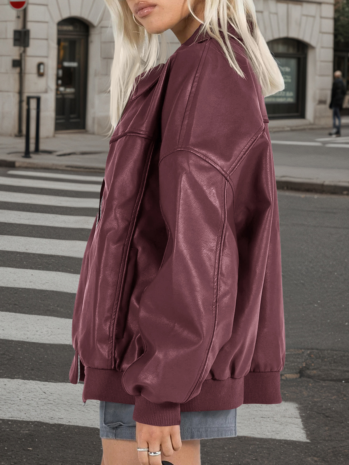 Fisoew Womens Faux Leather Jackets Oversized Bomber Casual Fall Fashion Zip Up Moto Biker Coats