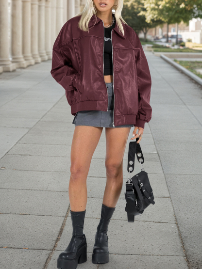 Fisoew Womens Faux Leather Jackets Oversized Bomber Casual Fall Fashion Zip Up Moto Biker Coats