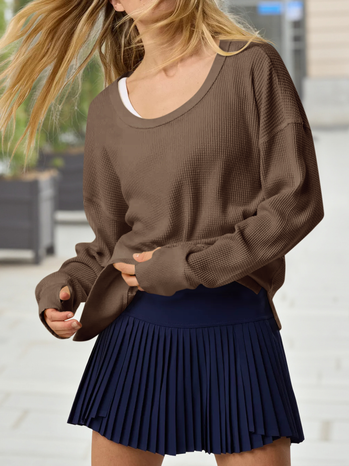 Casual Waffle Knit Loose Fit Long Sleeve Sweatshirt