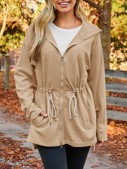 Oversized Zip Up Drawstring Waist Hoodie Sweatshirts