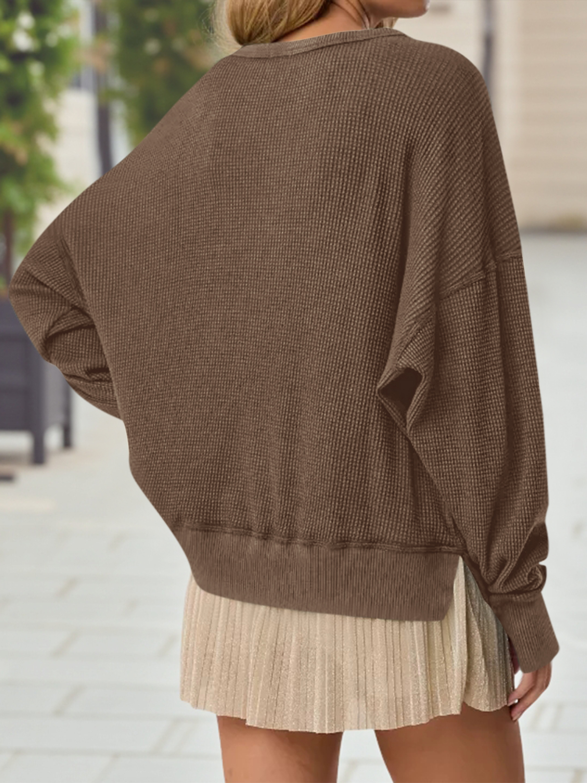 Casual Waffle Knit Loose Fit Long Sleeve Sweatshirt